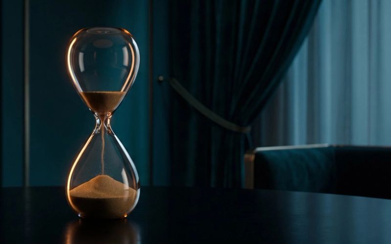 An hourglass on a dark table with only its final grains of amber sand left to fall