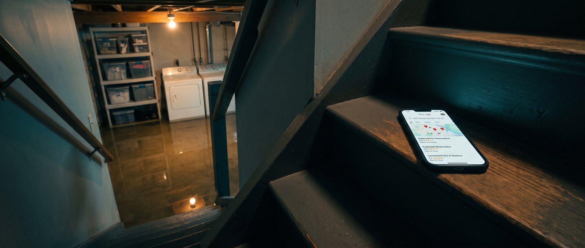 Looking down a basement stairway at night, water covers the floor around a washer and storage shelves, while a phone on a stair shows a Google search for water damage restoration near me with three local results