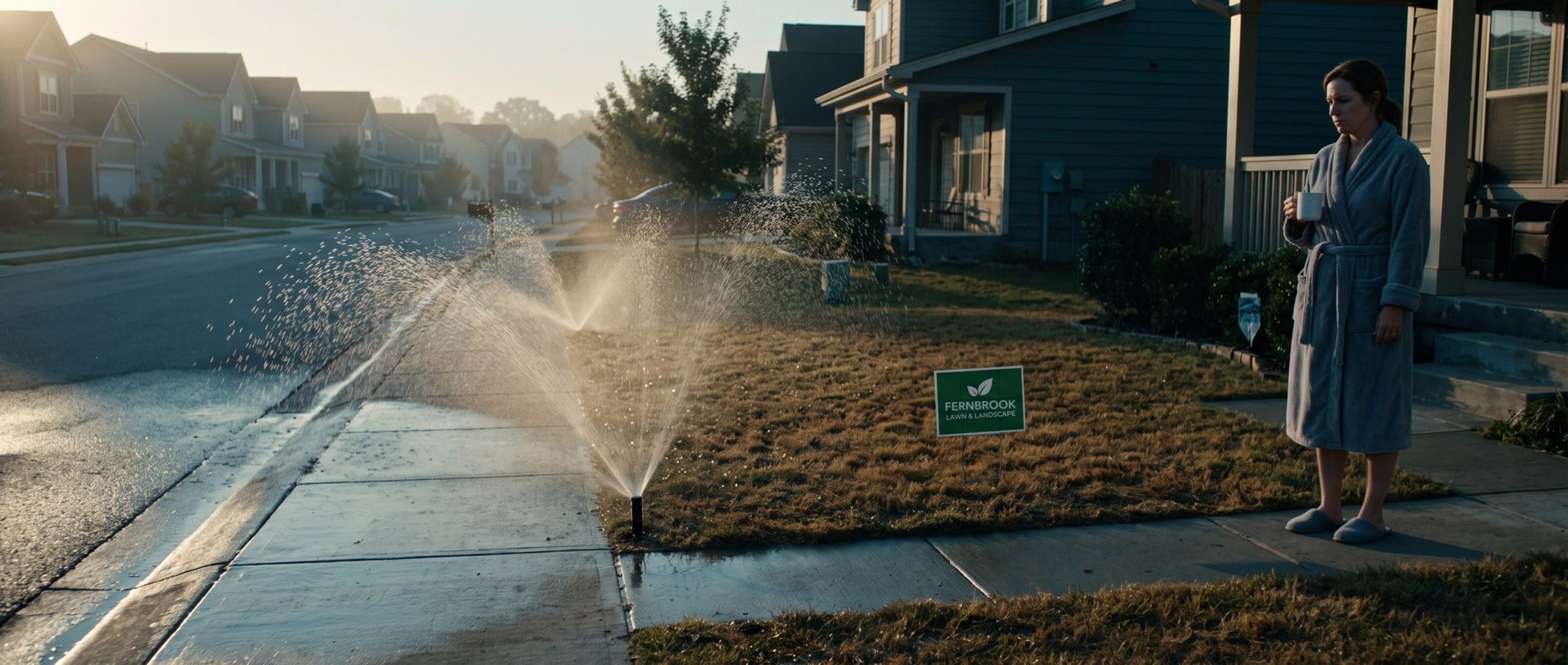 A woman in a robe holds her coffee at dawn and watches a lawn sprinkler soak the sidewalk and street instead of her dry lawn, beside a Fernbrook Lawn & Landscape yard sign