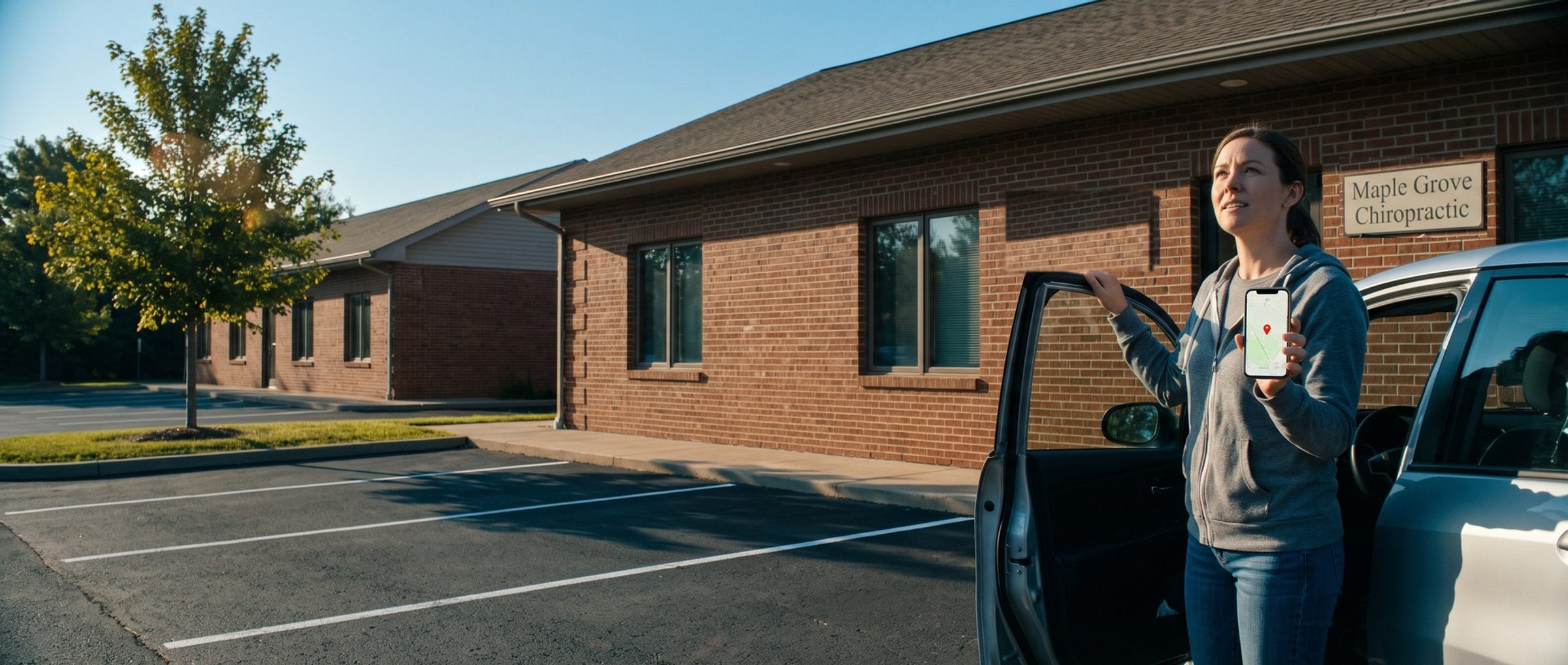 In a sunny office parking lot, a woman steps out of her car holding a phone with a red map pin and looks up at the Maple Grove Chiropractic sign