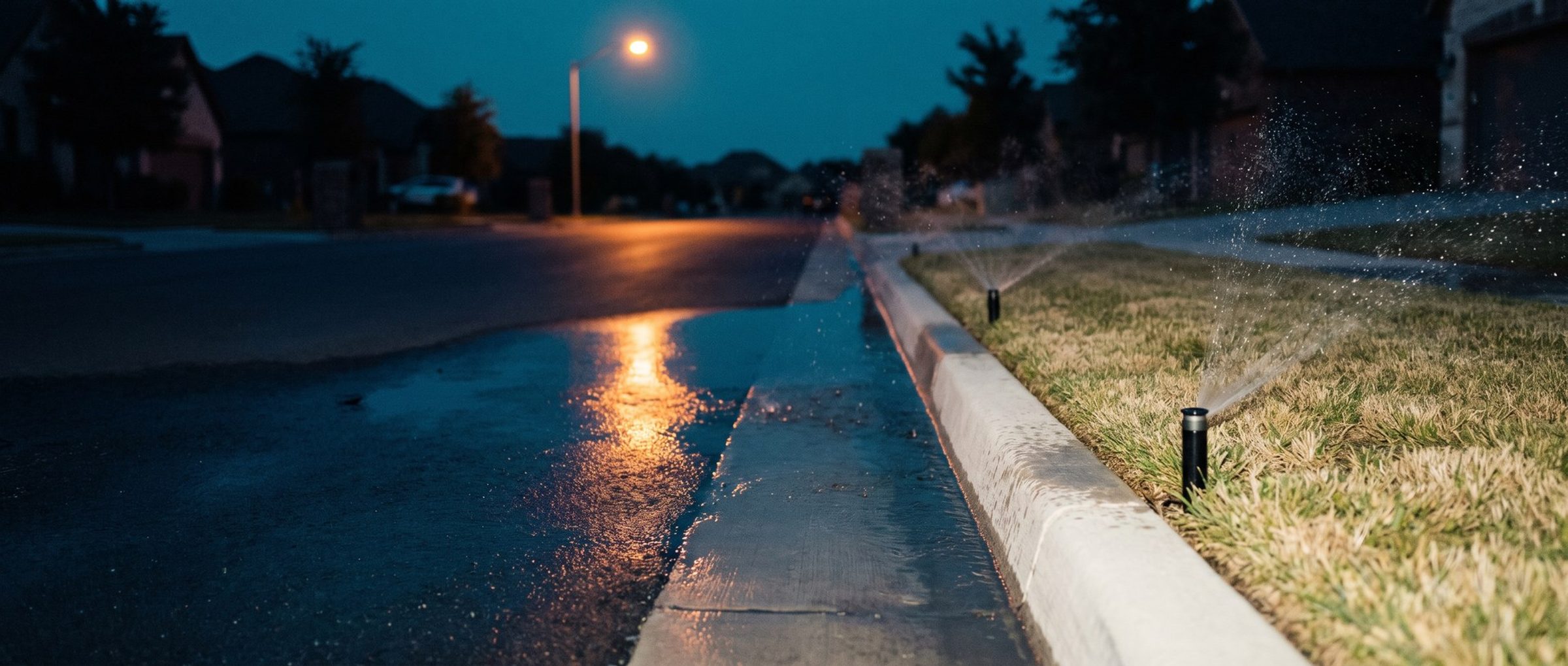 A residential street at dusk with pop-up lawn sprinklers running at the edge of a patchy lawn beside a white curb, the gutter and street wet and a streetlight reflected in the water