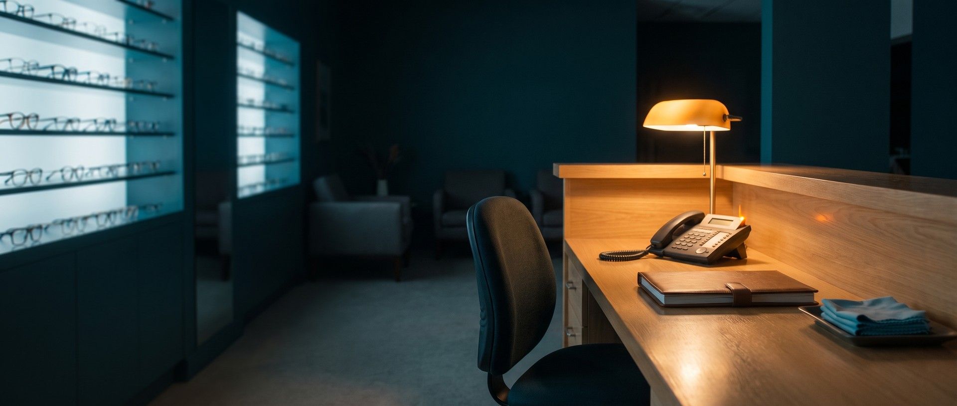 An empty optometry front desk before opening, the desk phone's line light glowing under a lamp beside an empty chair, with a teal-lit wall of eyeglass frames behind