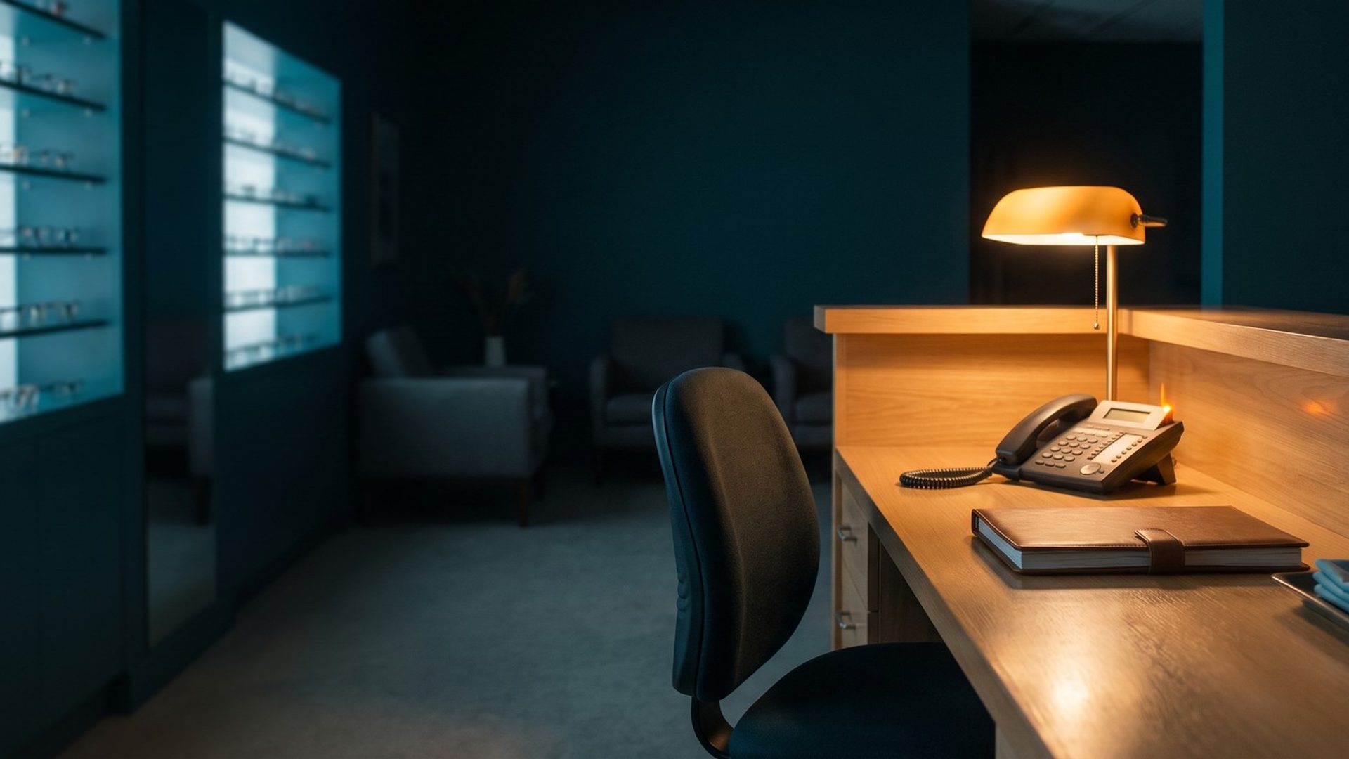 An empty optometry front desk before opening, the desk phone's line light glowing under a lamp beside an empty chair, with a teal-lit wall of eyeglass frames behind