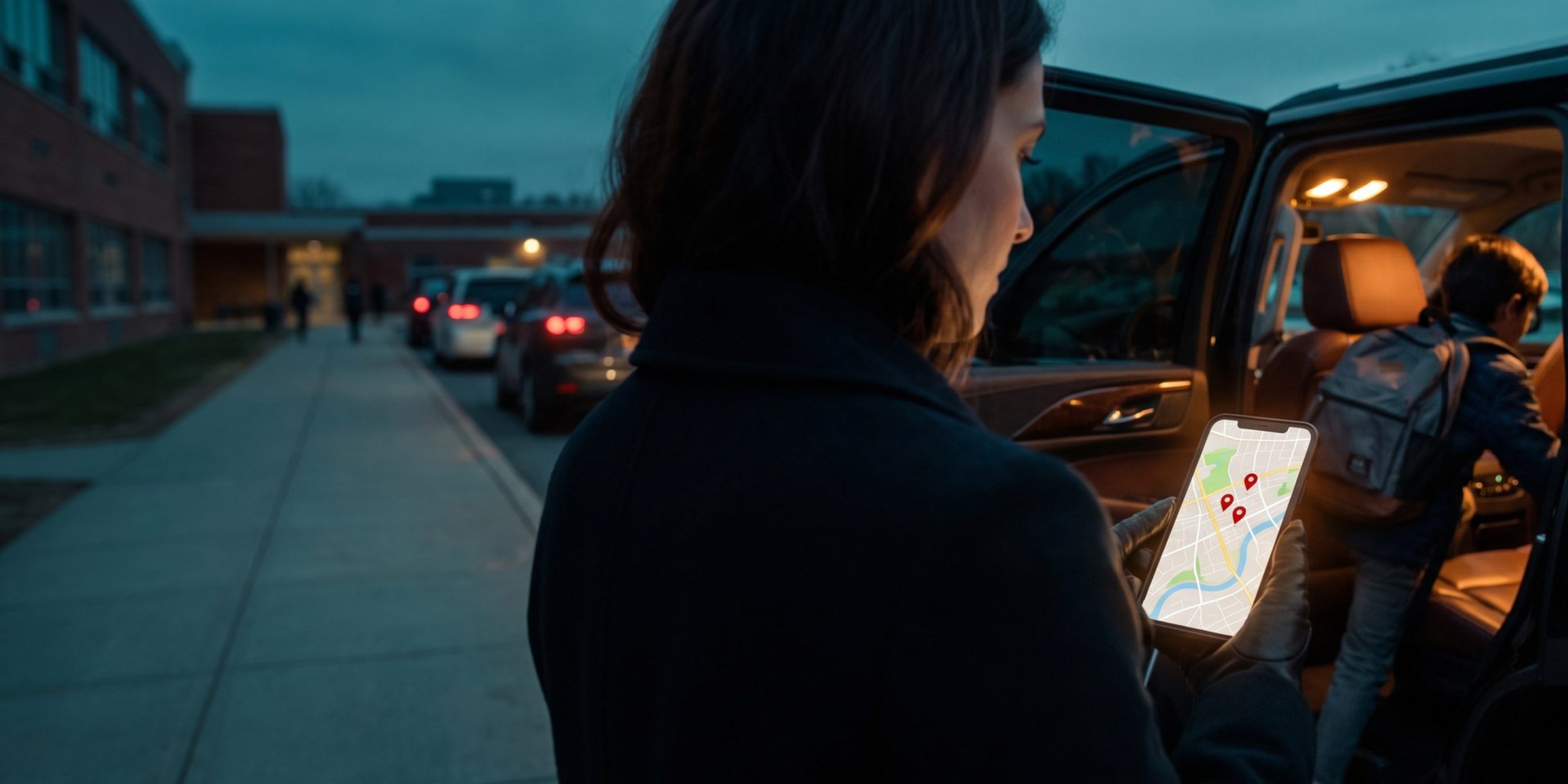 Over a mother's shoulder at a school pickup curb at dusk, her phone shows a street map with three red pins while her child climbs into the back seat of the car
