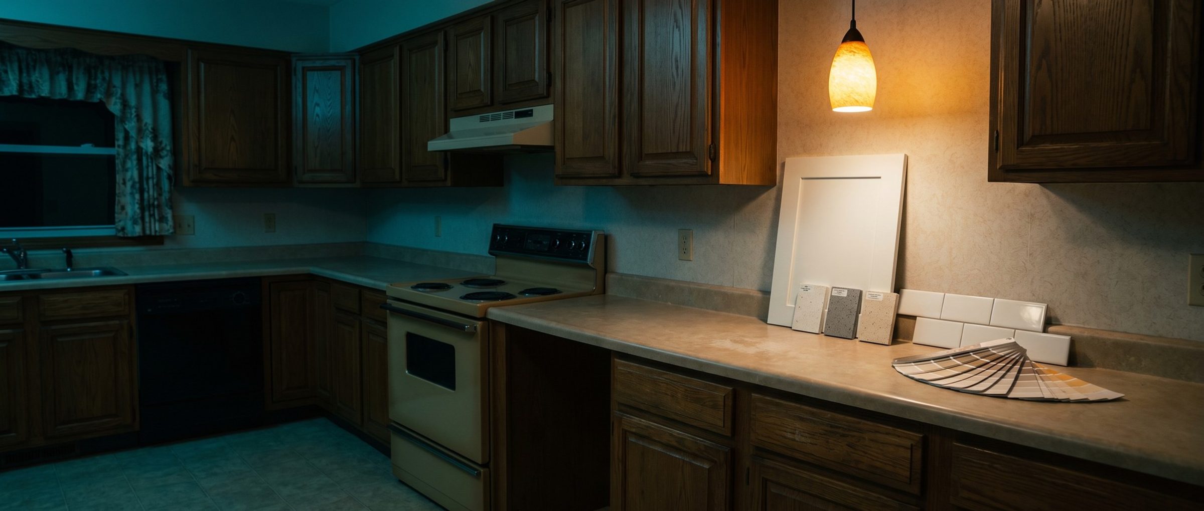 A dated oak kitchen at evening with a new white cabinet door sample, quartz chips, subway tile and a paint fan deck laid out on the old laminate counter