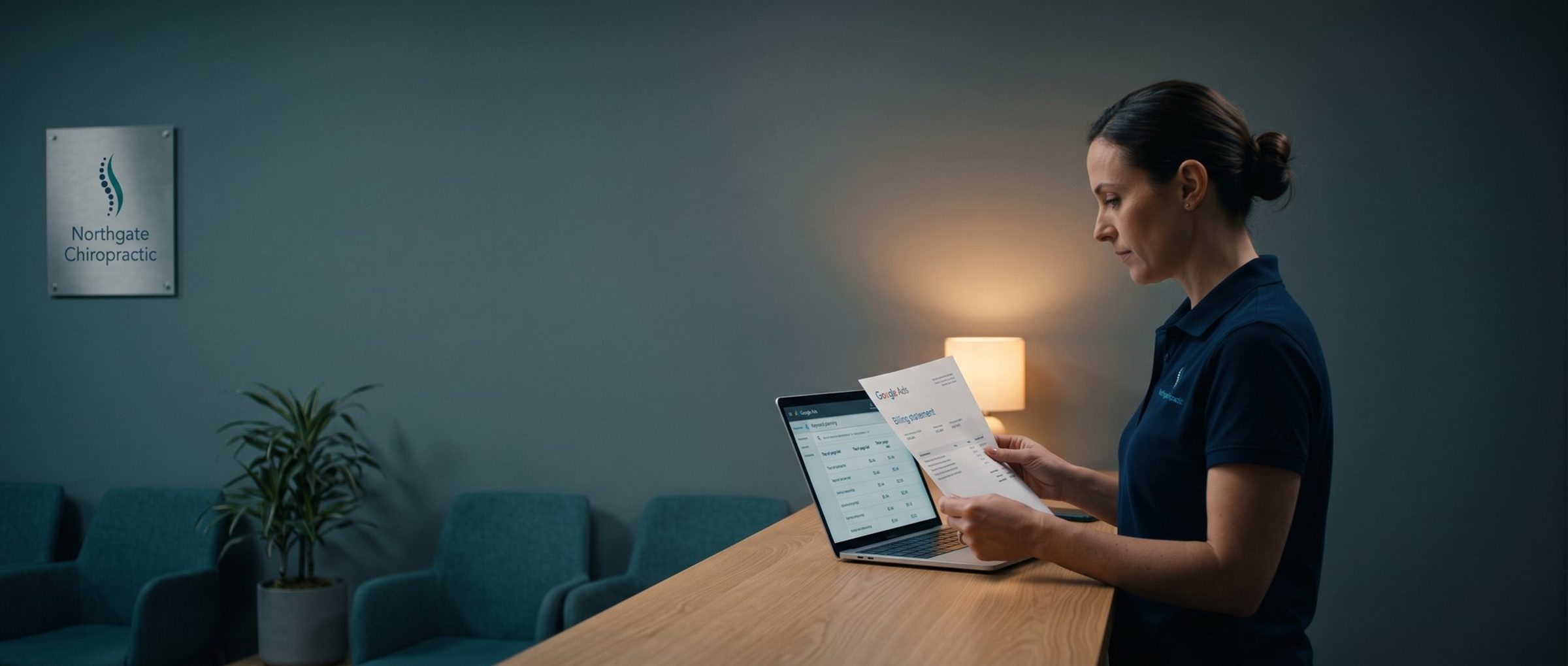 A chiropractic clinic owner standing at her front desk after hours, holding a printed Google Ads billing statement and comparing it with a bid range table on her laptop