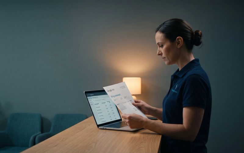 A chiropractic clinic owner standing at her front desk after hours, holding a printed Google Ads billing statement and comparing it with a bid range table on her laptop