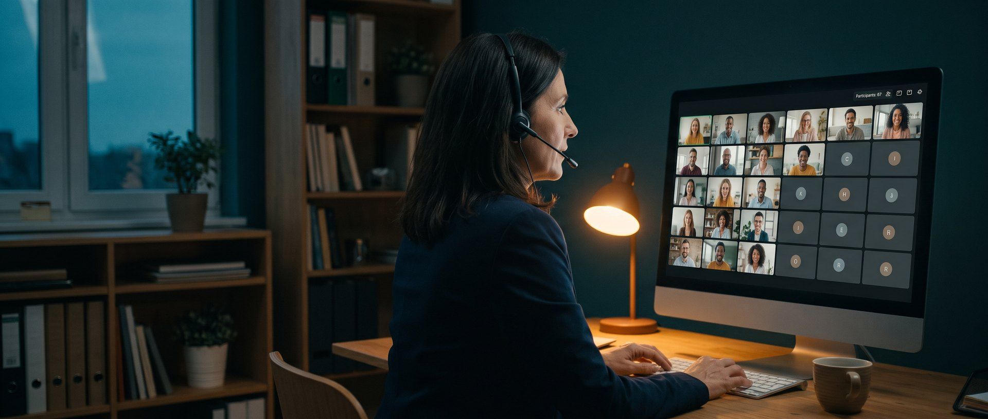 A small-business owner wearing a headset sits at her desk before her webinar starts, looking at a video-call grid where about half the attendee tiles show people and the other half are empty