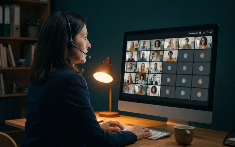 A small-business owner wearing a headset sits at her desk before her webinar starts, looking at a video-call grid where about half the attendee tiles show people and the other half are empty