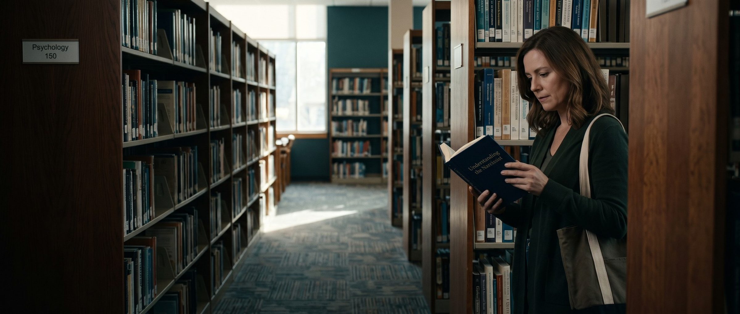 In a public library's psychology aisle, a woman in a green cardigan with a tote bag reads the back of a navy book titled Understanding the Narcissist, shelves of books stretching toward a bright window