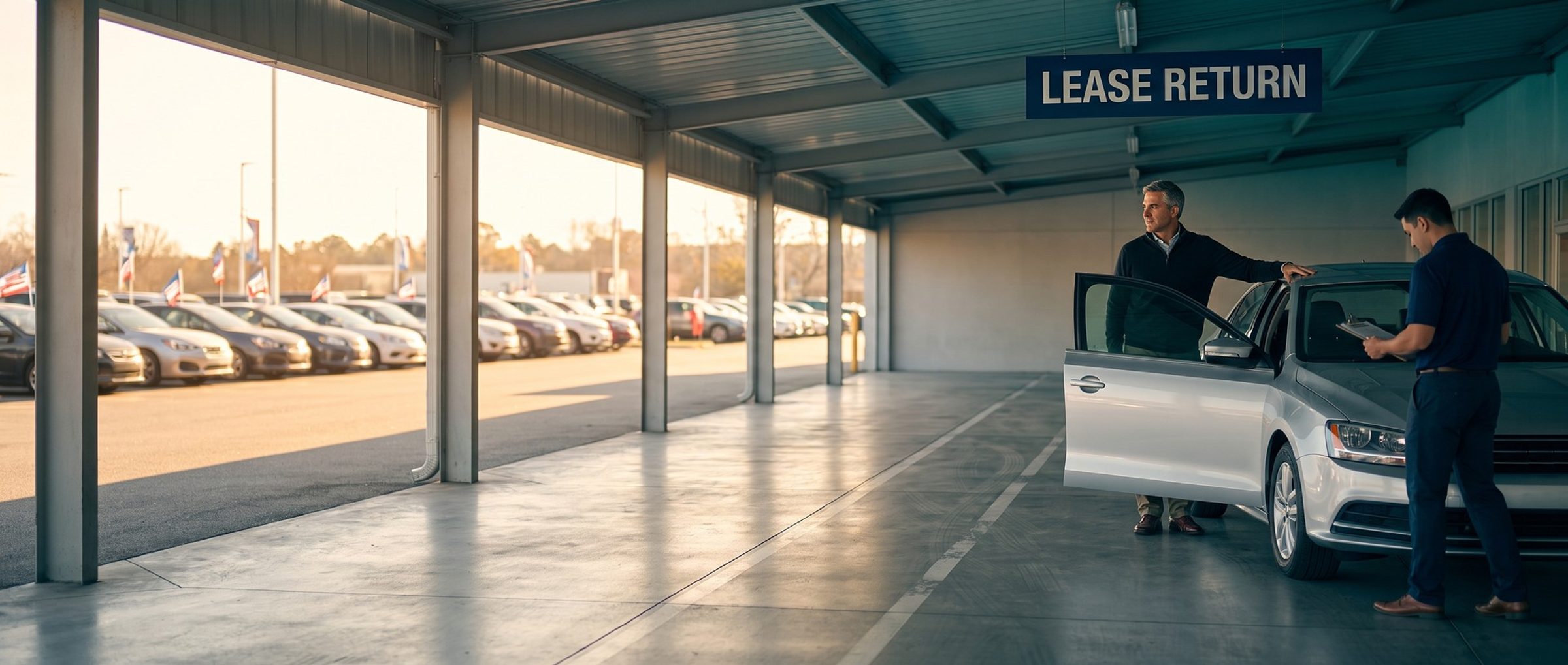 In a covered dealership lane marked Lease Return, a man rests his hand on the roof of a silver sedan for a last goodbye while an attendant with a clipboard checks the odometer