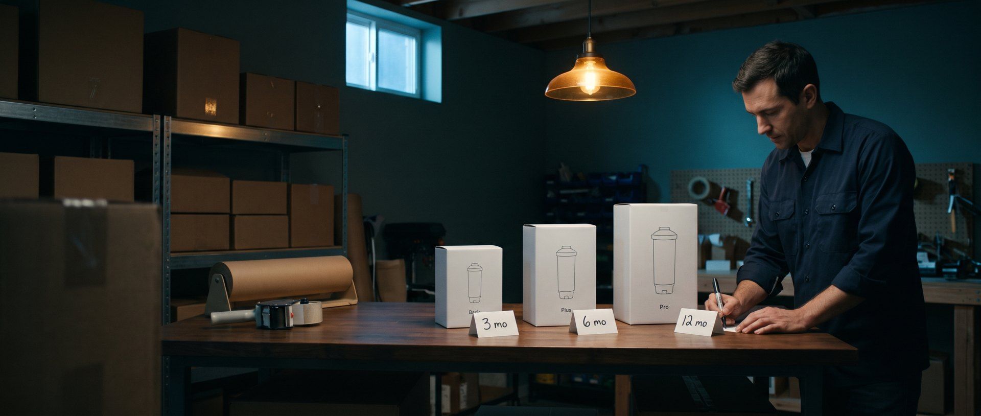 In a small stockroom, a store owner stands at a wooden packing table with three white countertop water filter boxes lined up from small to large, labeled Basic, Plus and Pro, and writes the last of three cards in front of them reading 3 mo, 6 mo and 12 mo