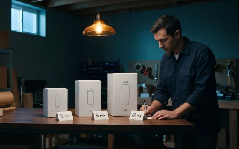 In a small stockroom, a store owner stands at a wooden packing table with three white countertop water filter boxes lined up from small to large, labeled Basic, Plus and Pro, and writes the last of three cards in front of them reading 3 mo, 6 mo and 12 mo
