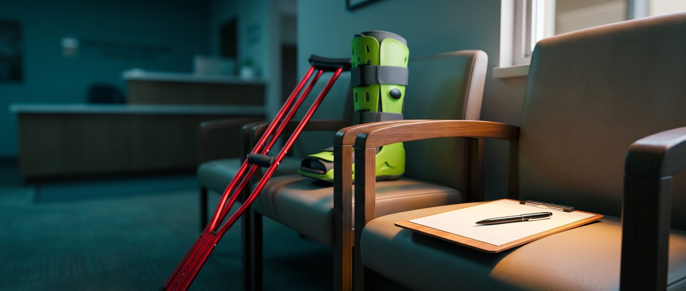 A row of waiting-room chairs in an orthopedic clinic: a lime green walking boot and bright red crutches rest on one chair, and a blank clipboard with a pen waits in warm window light on the next