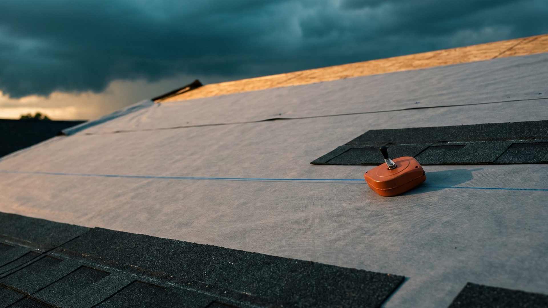A roof deck mid-reroof in late light: an orange chalk reel rests on gray underlayment beside a crisp blue chalk line snapped across the deck, new charcoal shingles along the eave and dark storm clouds building behind the ridge