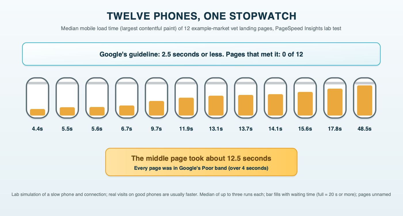 Twelve phones, one stopwatch: the median mobile load time of 12 example-market vet landing pages in PageSpeed Insights' lab test, from about 4.4 seconds to about 48.5, against Google's 2.5-second guideline; none met it. Pages unnamed; lab simulation, three runs each