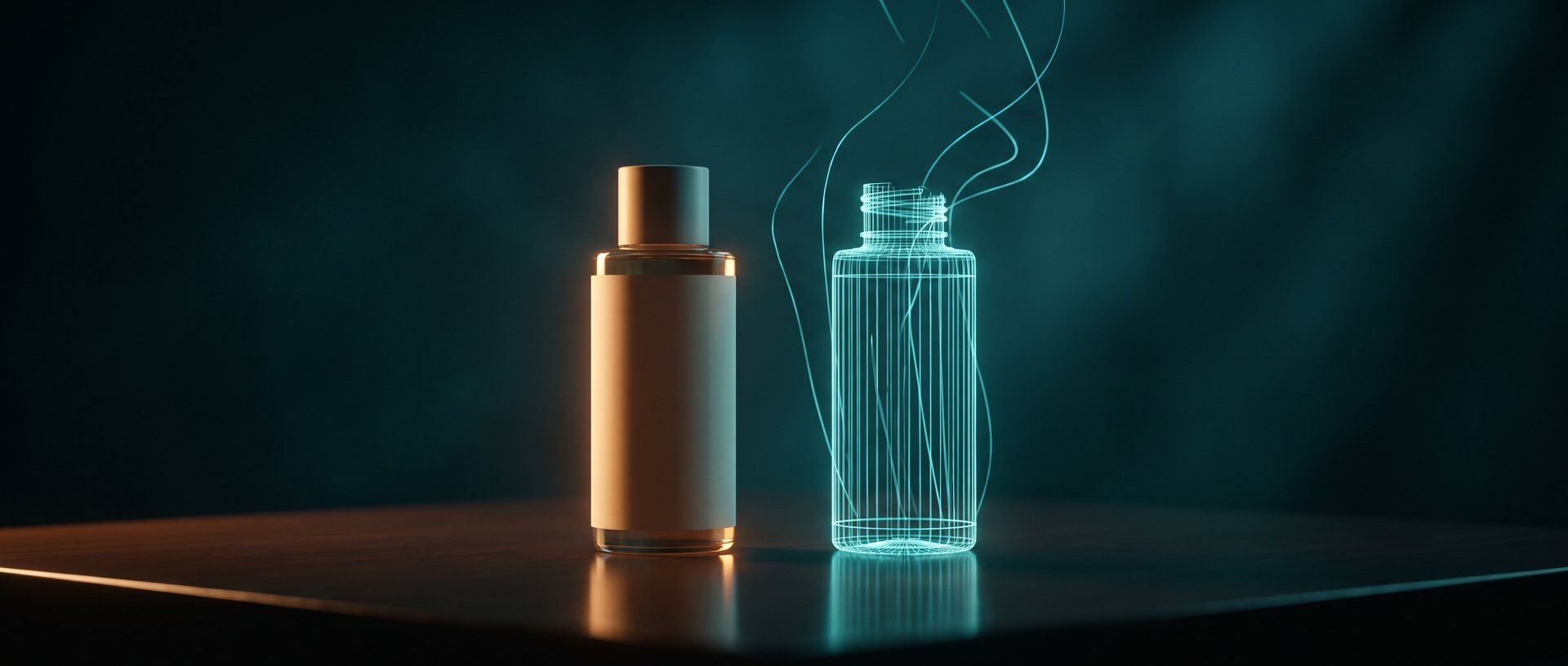 A real amber-lit cosmetic bottle standing on a dark table beside a glowing cyan wireframe copy of itself, the wireframe version unravelling into loose drifting lines at the top