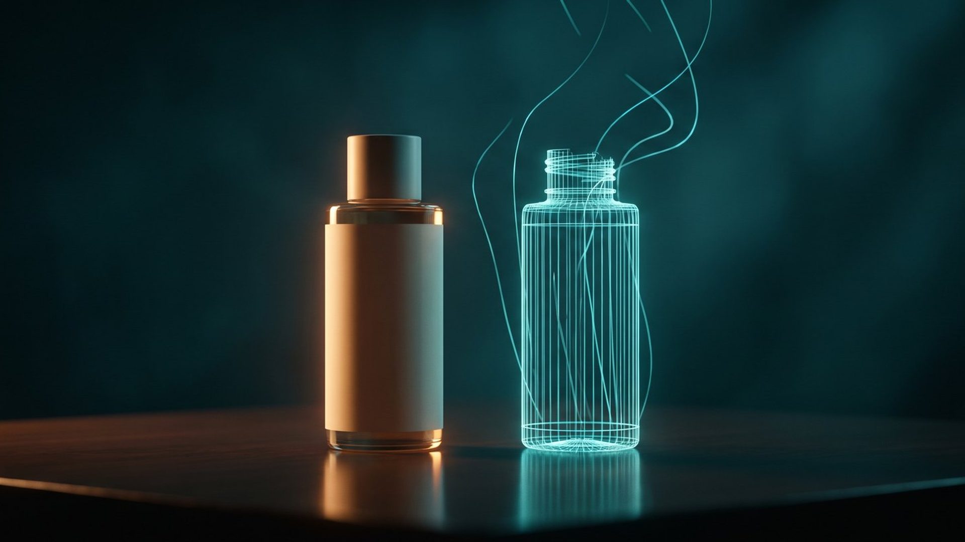 A real amber-lit cosmetic bottle standing on a dark table beside a glowing cyan wireframe copy of itself, the wireframe version unravelling into loose drifting lines at the top