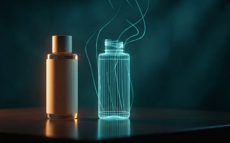 A real amber-lit cosmetic bottle standing on a dark table beside a glowing cyan wireframe copy of itself, the wireframe version unravelling into loose drifting lines at the top