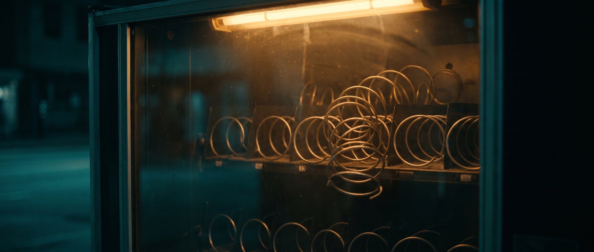 A vending machine seen through glass, every dispensing spiral unwound and completely bare under a warm amber light