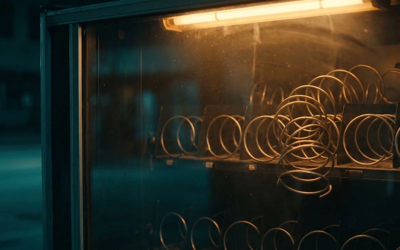 A vending machine seen through glass, every dispensing spiral unwound and completely bare under a warm amber light