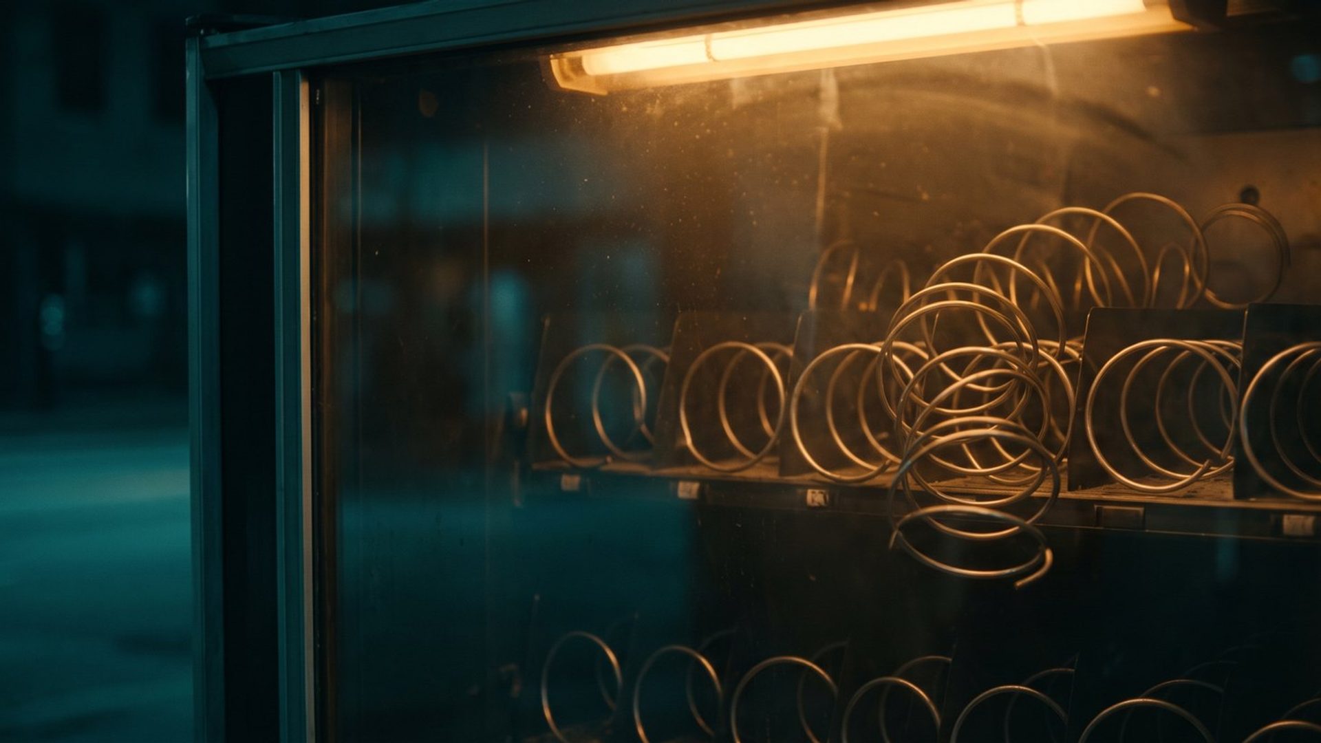 A vending machine seen through glass, every dispensing spiral unwound and completely bare under a warm amber light