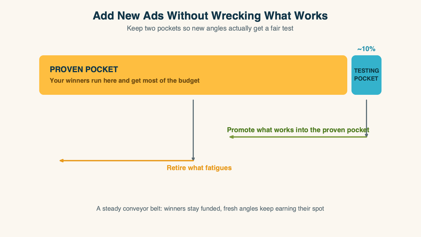 Keep two pockets: proven winners funded, plus a protected slice for testing new angles
