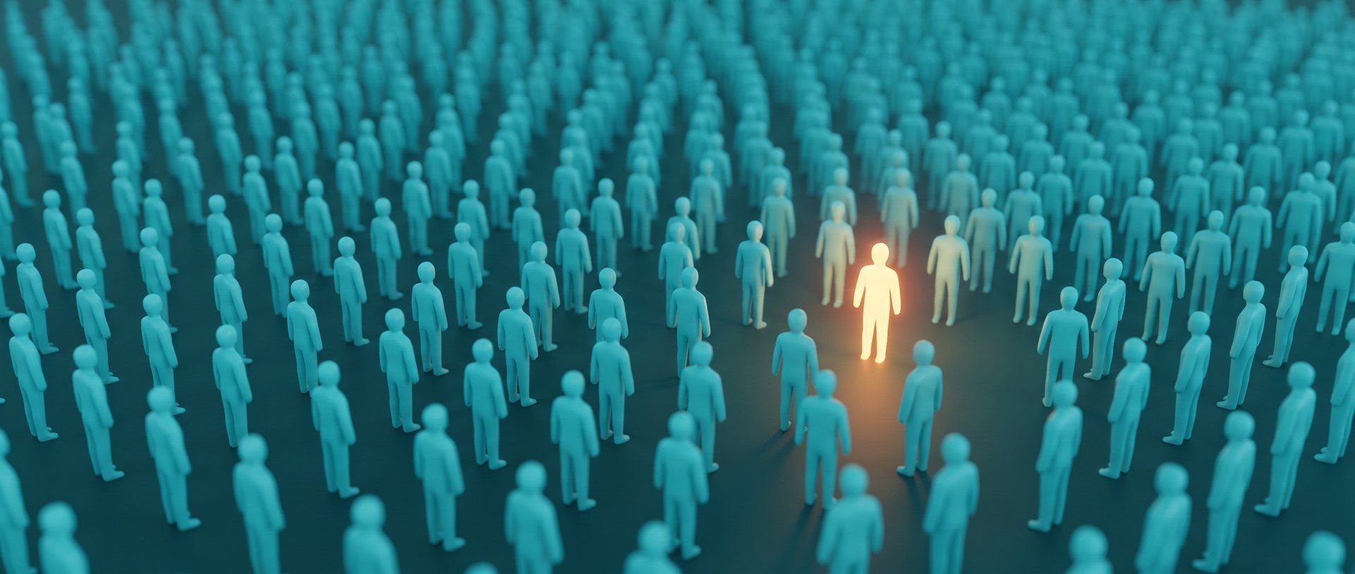 A vast crowd of identical teal figures on a dark floor, with one single figure lit warm amber standing out among them