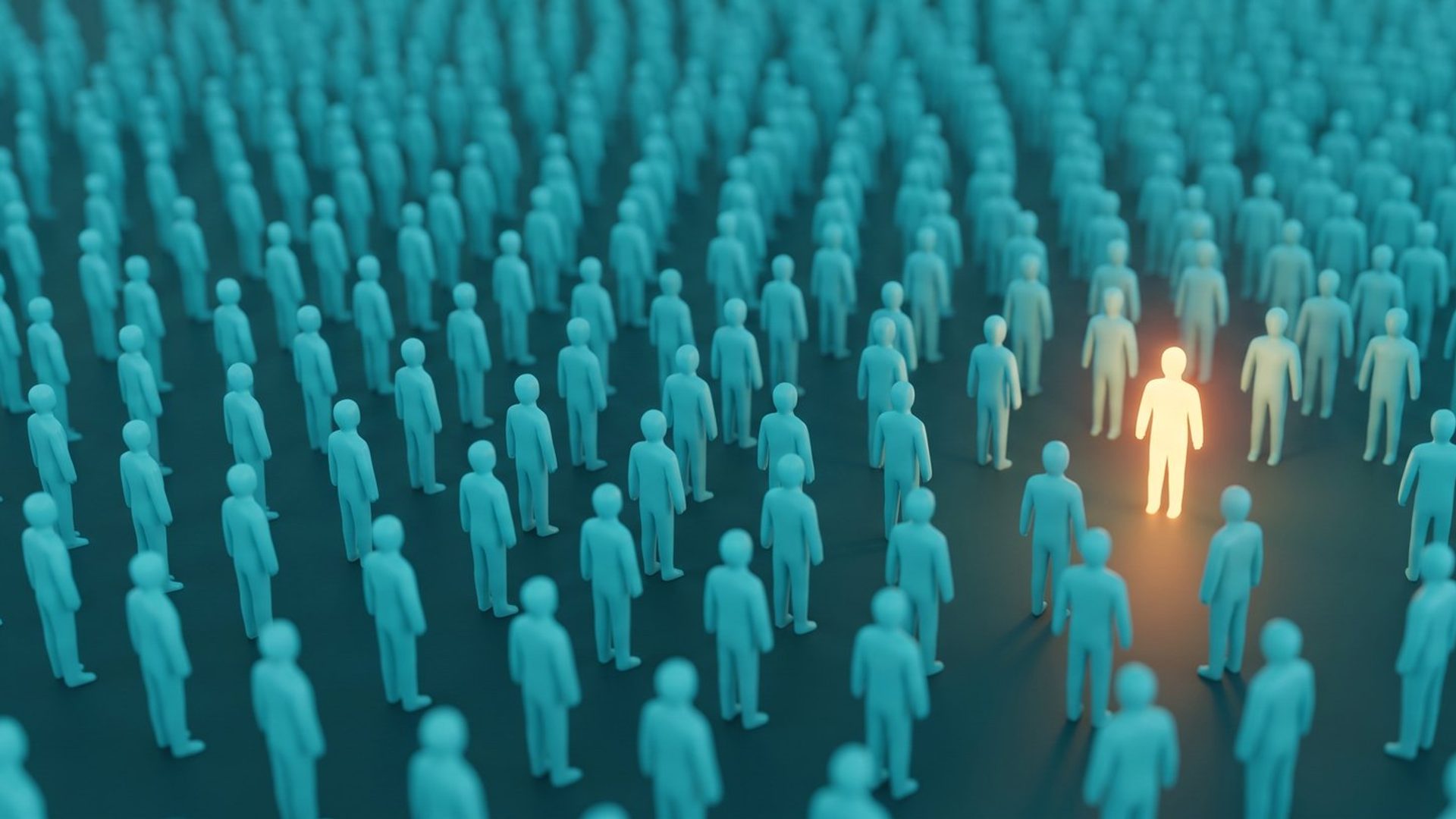 A vast crowd of identical teal figures on a dark floor, with one single figure lit warm amber standing out among them