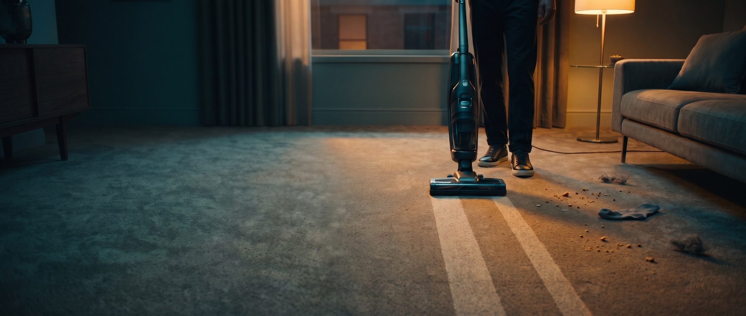 A vacuum leaving clean stripes down the middle of a living room carpet at dusk while crumbs, a stray sock and dust bunnies still wait by the sofa