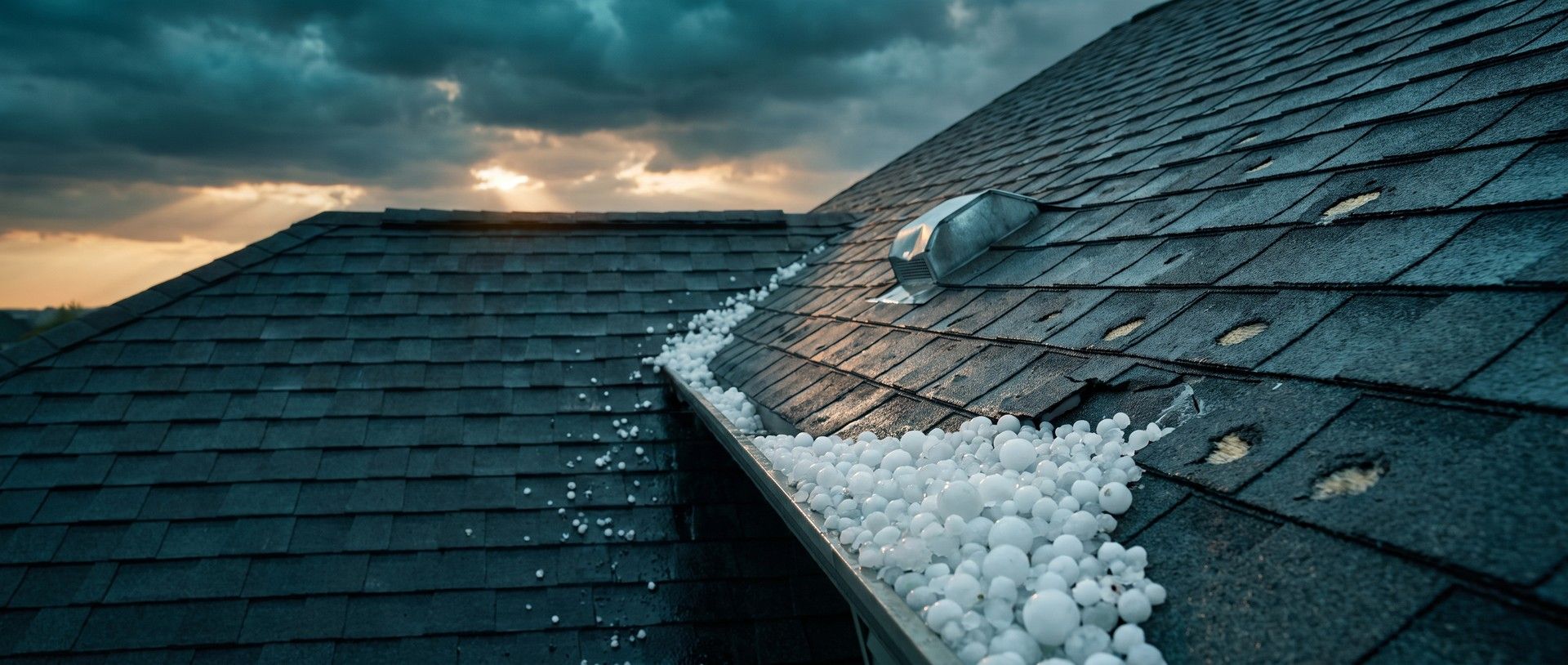 A wet charcoal shingle roof right after a hailstorm: hailstones heaped in the metal valley and scattered across the shingles, hail holes punched through the right slope, a roof vent near the ridge and storm clouds breaking behind