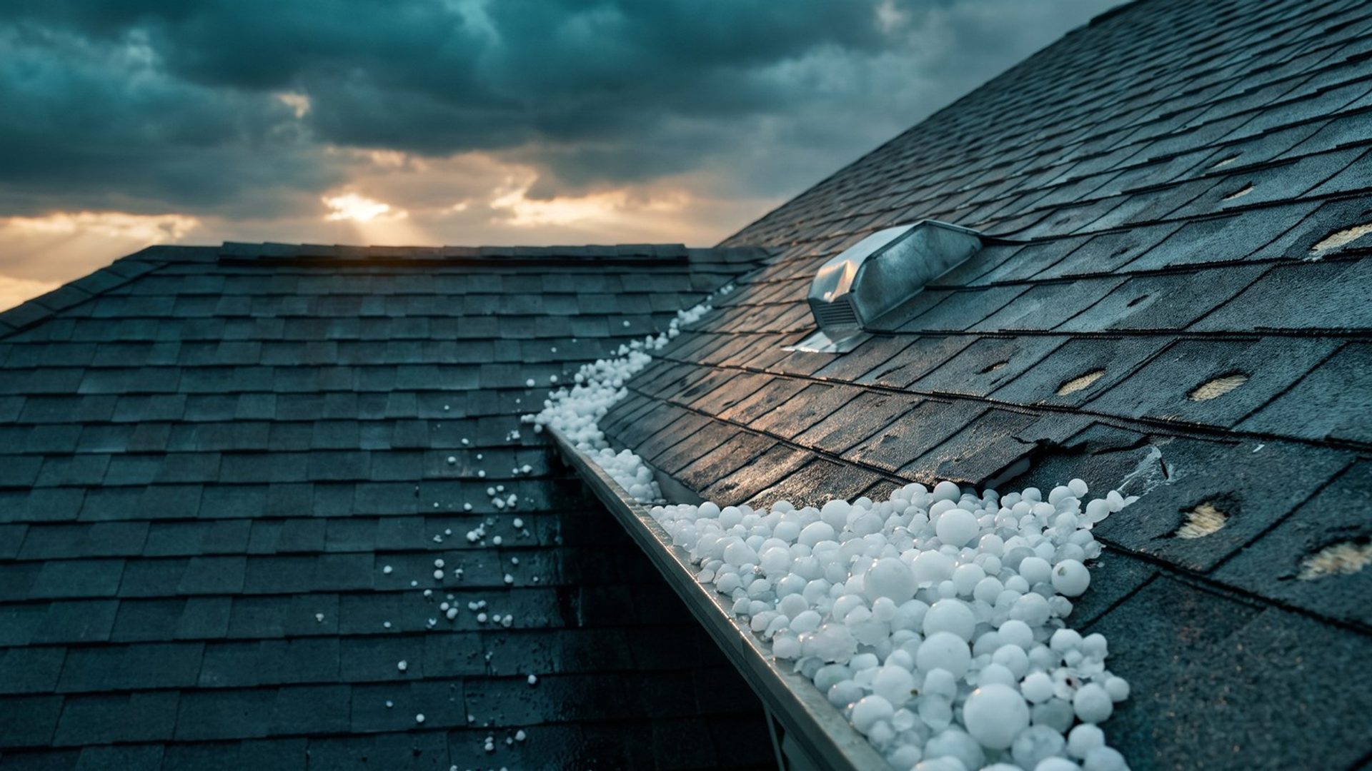 A wet charcoal shingle roof right after a hailstorm: hailstones heaped in the metal valley and scattered across the shingles, hail holes punched through the right slope, a roof vent near the ridge and storm clouds breaking behind