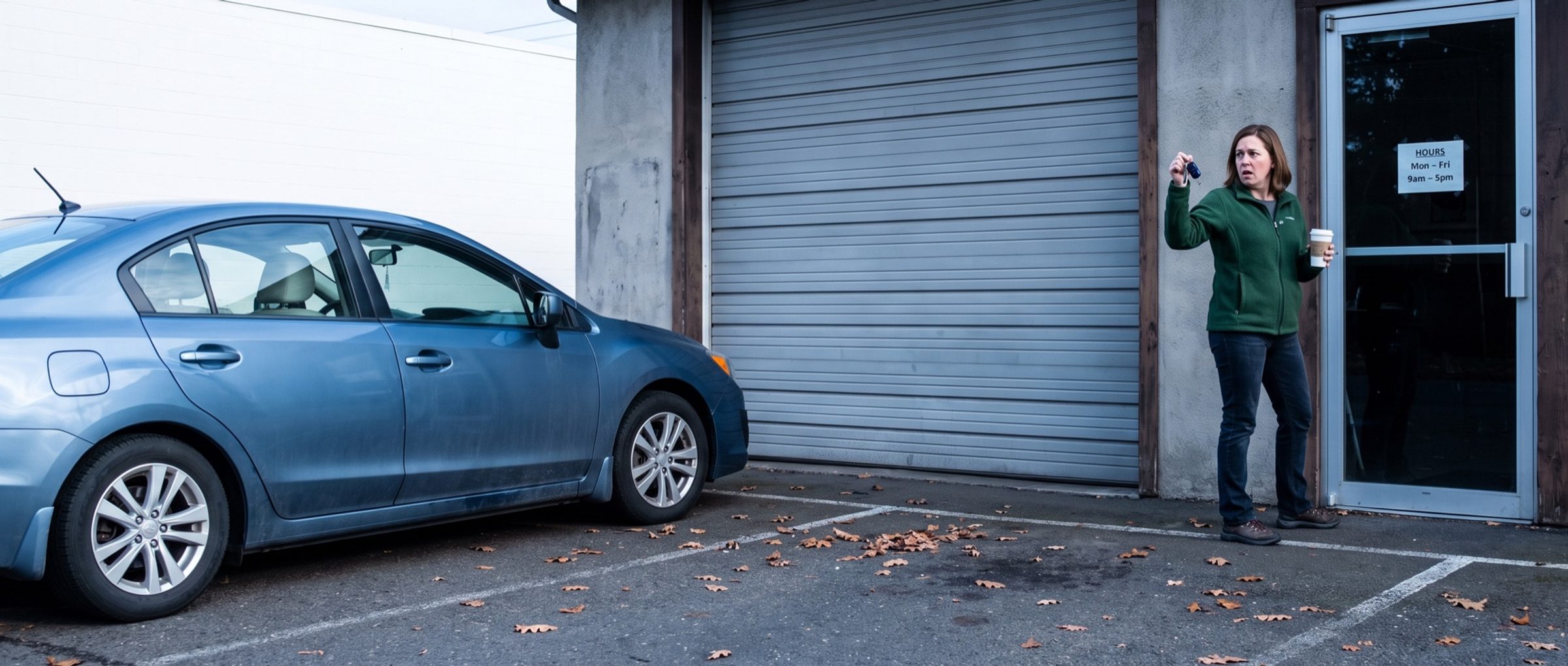 On a gray Saturday morning, a woman in a green fleece holds up her car keys and a coffee outside a closed auto repair shop, looking back at her blue sedan in disbelief, a small hours card on the glass door reading Mon - Fri 9am - 5pm