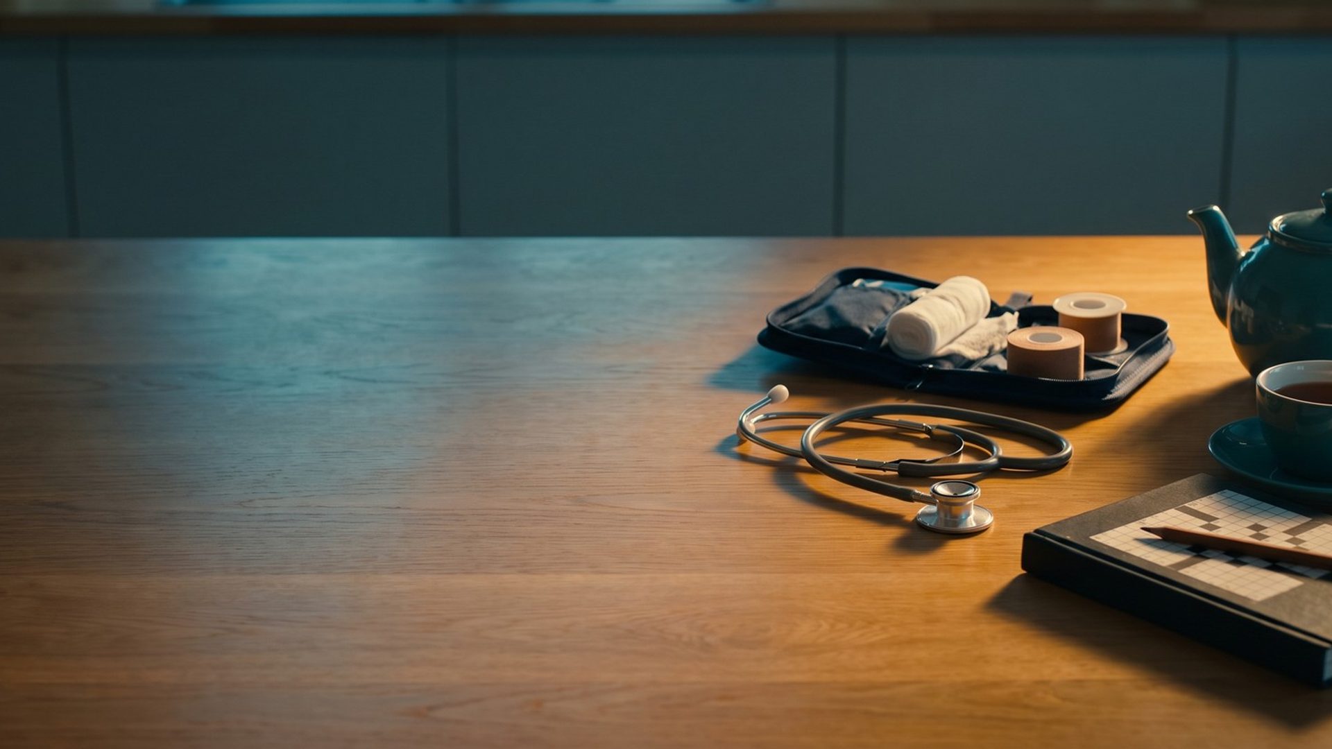 A stethoscope and an open wound-care kit on a sunlit wooden kitchen table beside a teal teapot, a cup of tea and a crossword book