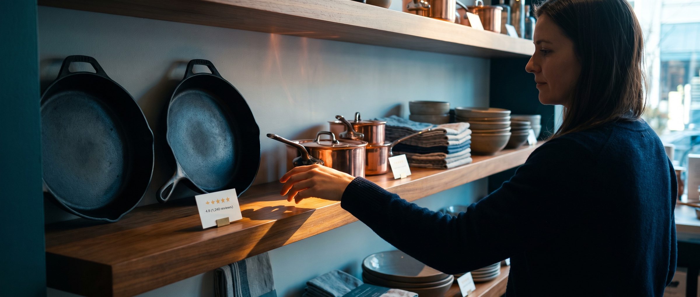 In a kitchen goods store, a shopper reaches toward one of two nearly identical cast iron skillets, the one with a small card showing five gold stars and 4.8 from 1,240 reviews