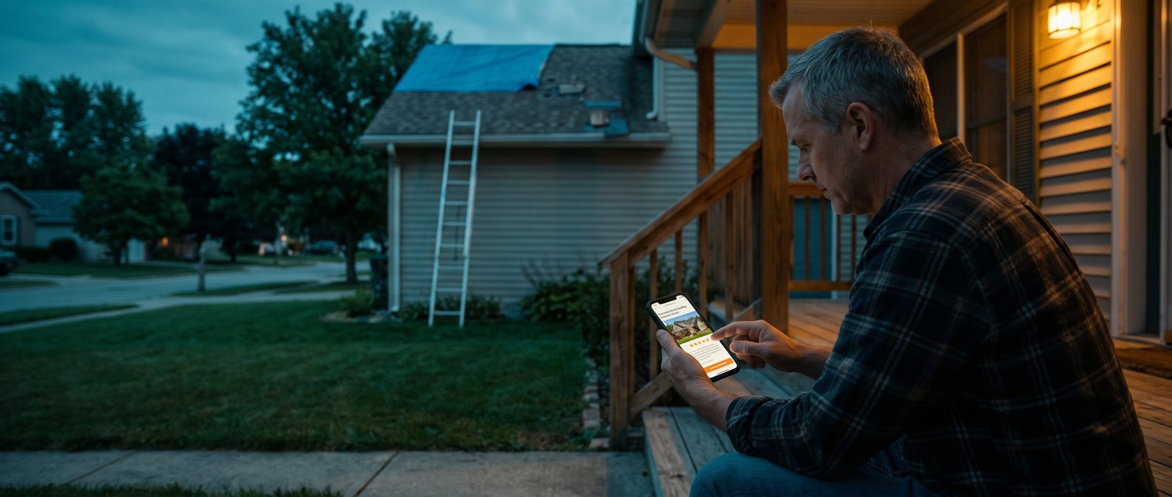 A homeowner sitting on his porch steps at dusk reads a roofing company's web page on his phone, with a ladder against the house and a blue tarp over part of the worn roof behind him