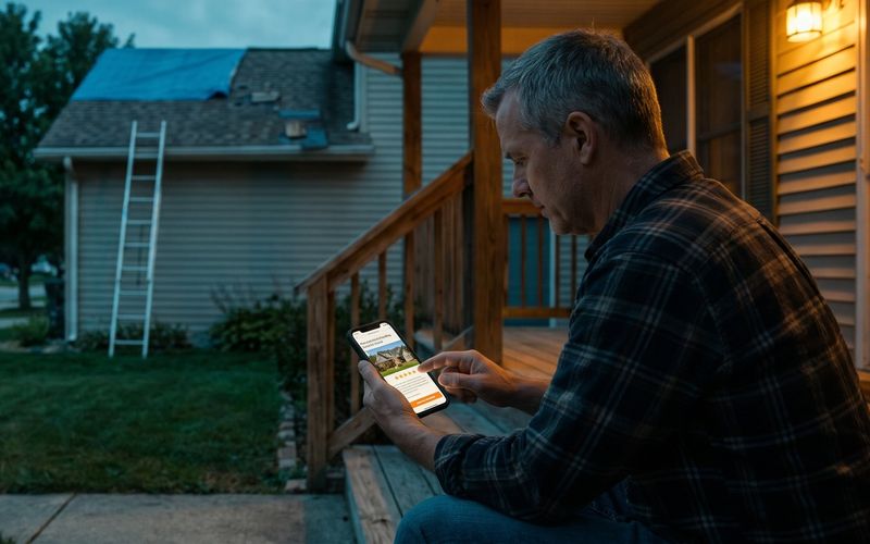 A homeowner sitting on his porch steps at dusk reads a roofing company's web page on his phone, with a ladder against the house and a blue tarp over part of the worn roof behind him