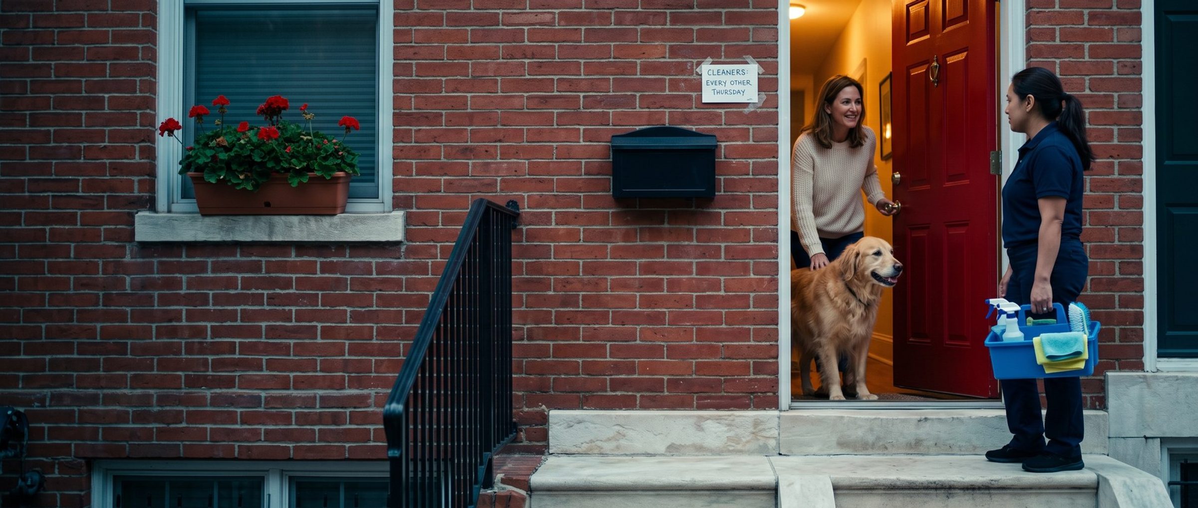 A homeowner holds her red front door open on a brick row house as her golden retriever greets the house cleaner on the step, who carries a blue caddy of supplies, beside a card reading cleaners every other Thursday