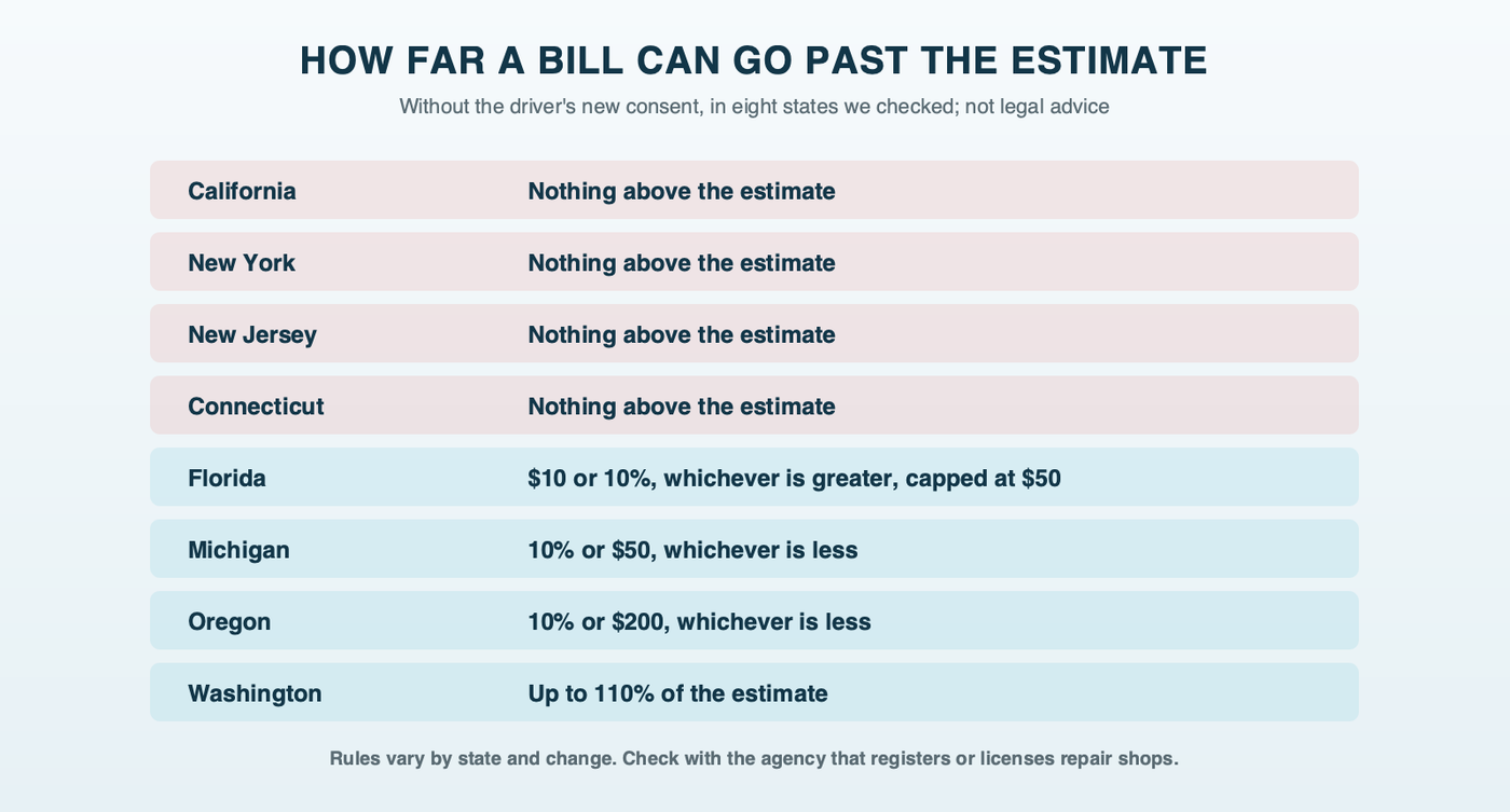 The rule for charging above a written estimate without new consent in eight states we checked: none in California, New York, New Jersey and Connecticut; $10 or 10 percent capped at $50 in Florida; 10 percent or $50 in Michigan; 10 percent or $200 in Oregon; 110 percent in Washington
