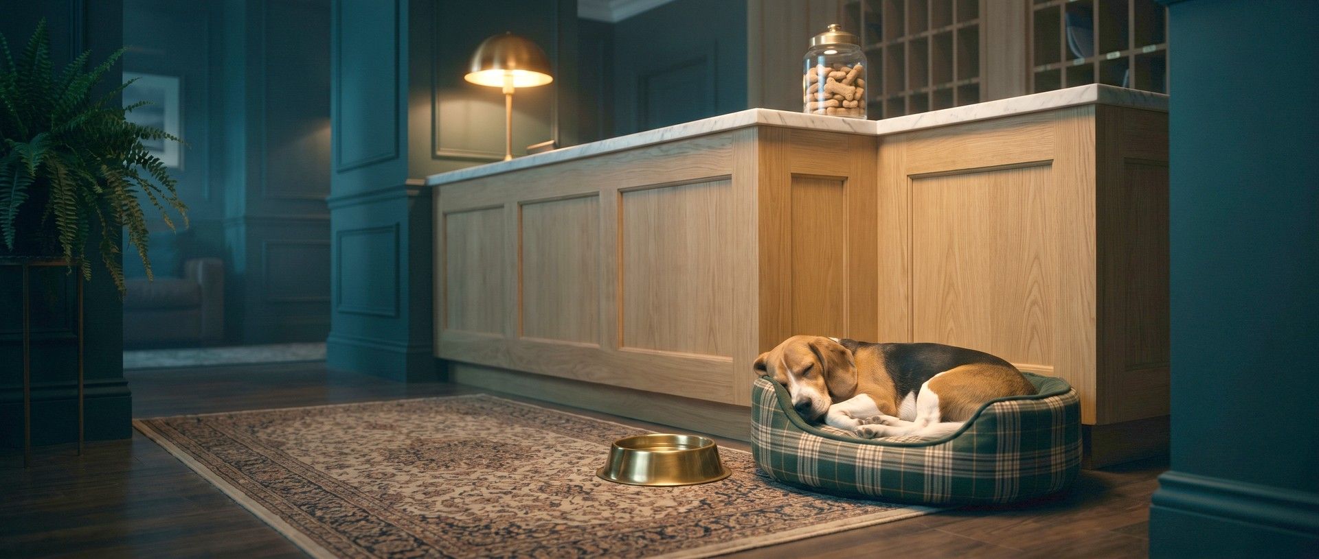 A boutique hotel lobby in warm evening light, with a tricolor beagle asleep in a green plaid dog bed at the end of an oak front desk, a brass water bowl on the rug and a glass jar of bone-shaped biscuits on the counter