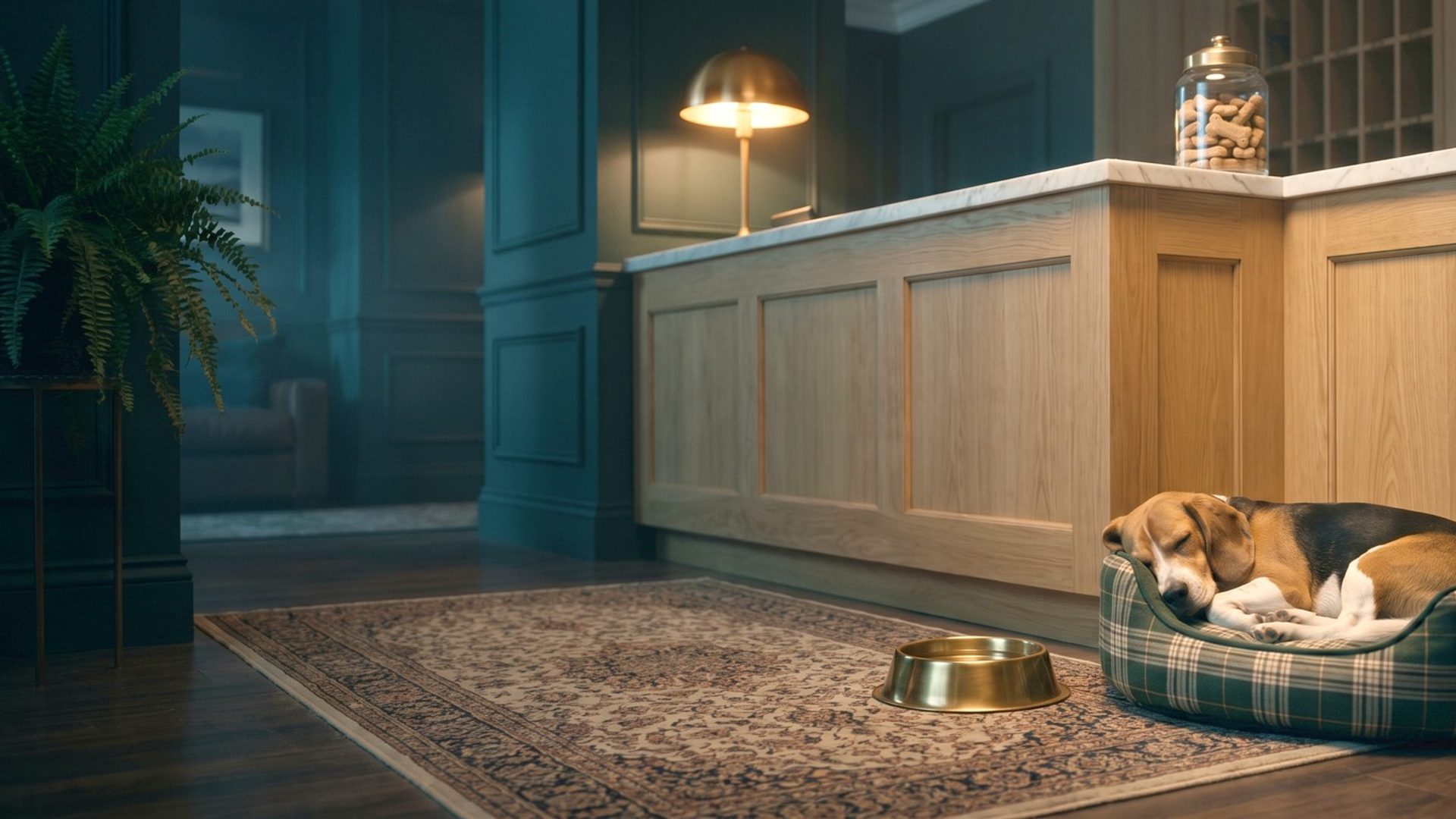 A boutique hotel lobby in warm evening light, with a tricolor beagle asleep in a green plaid dog bed at the end of an oak front desk, a brass water bowl on the rug and a glass jar of bone-shaped biscuits on the counter