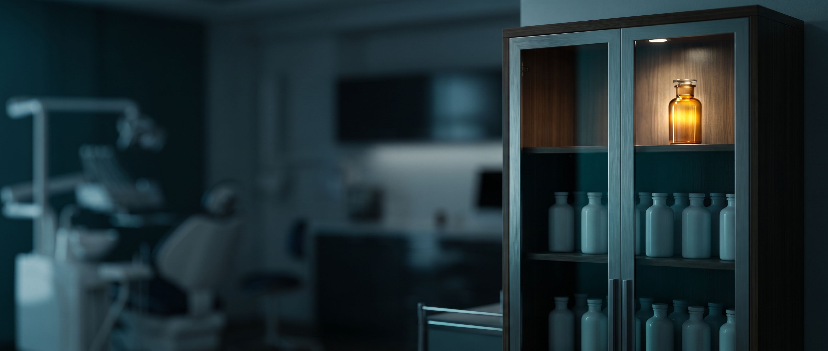 A glass-fronted dental supply cabinet in a dim dental office, one amber bottle lit alone on the top shelf above rows of plain white bottles