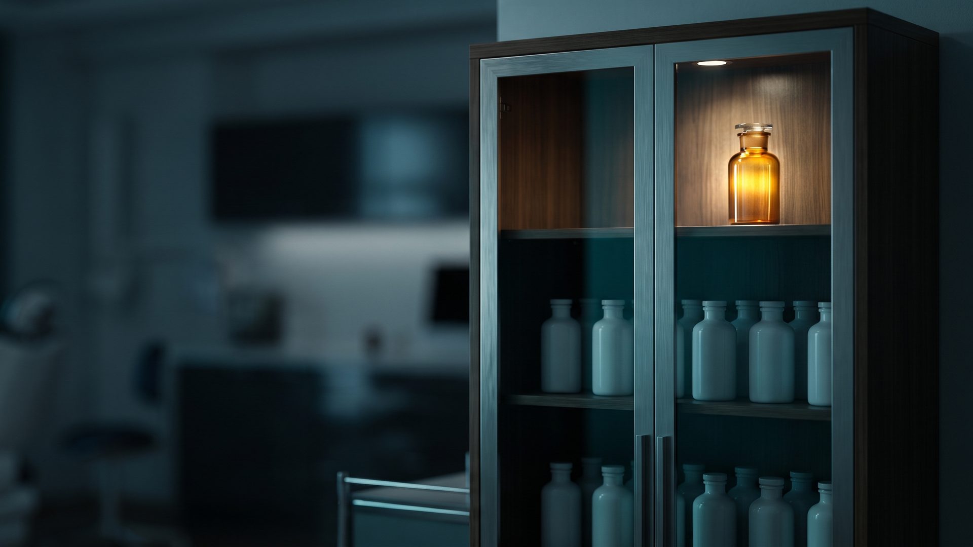 A glass-fronted dental supply cabinet in a dim dental office, one amber bottle lit alone on the top shelf above rows of plain white bottles