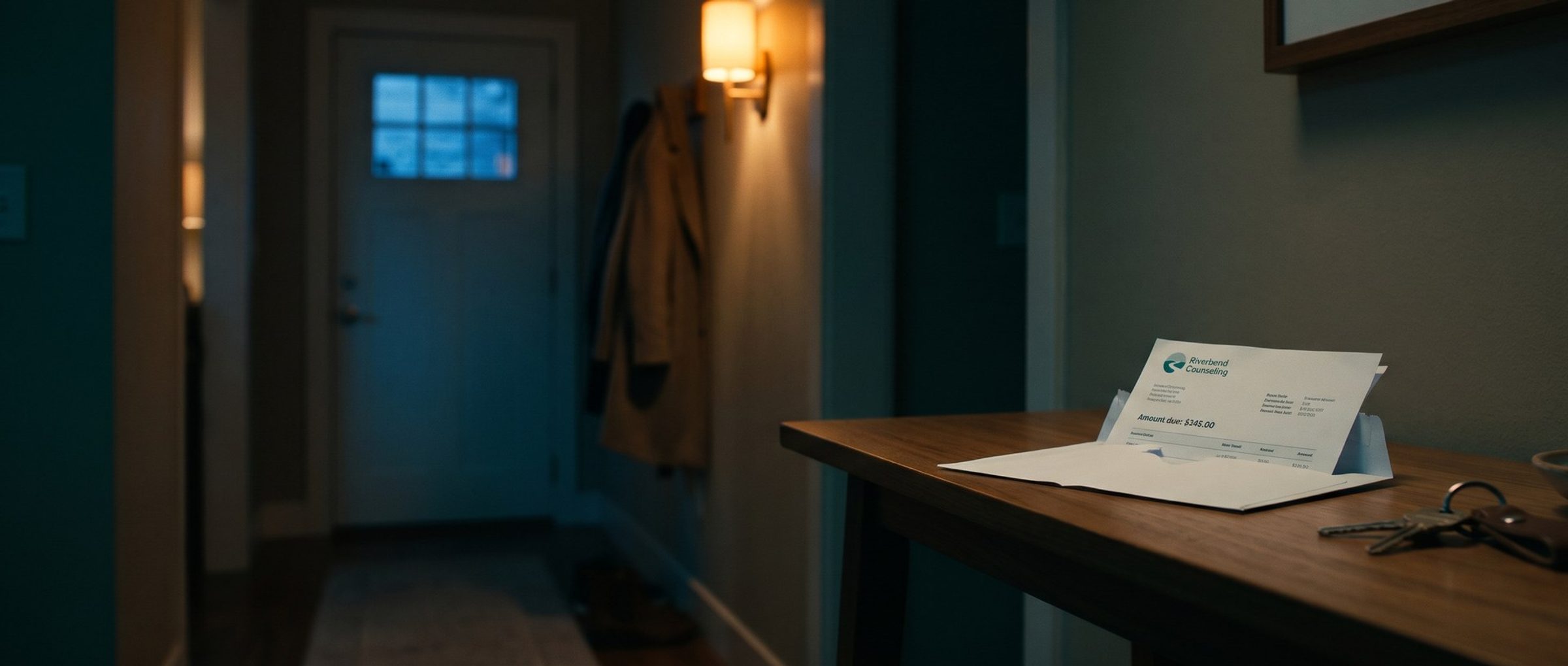 A dim home entryway at dusk, with an opened envelope on a wooden table and a billing statement from Riverbend Counseling showing Amount due: $345.00, beside a set of house keys
