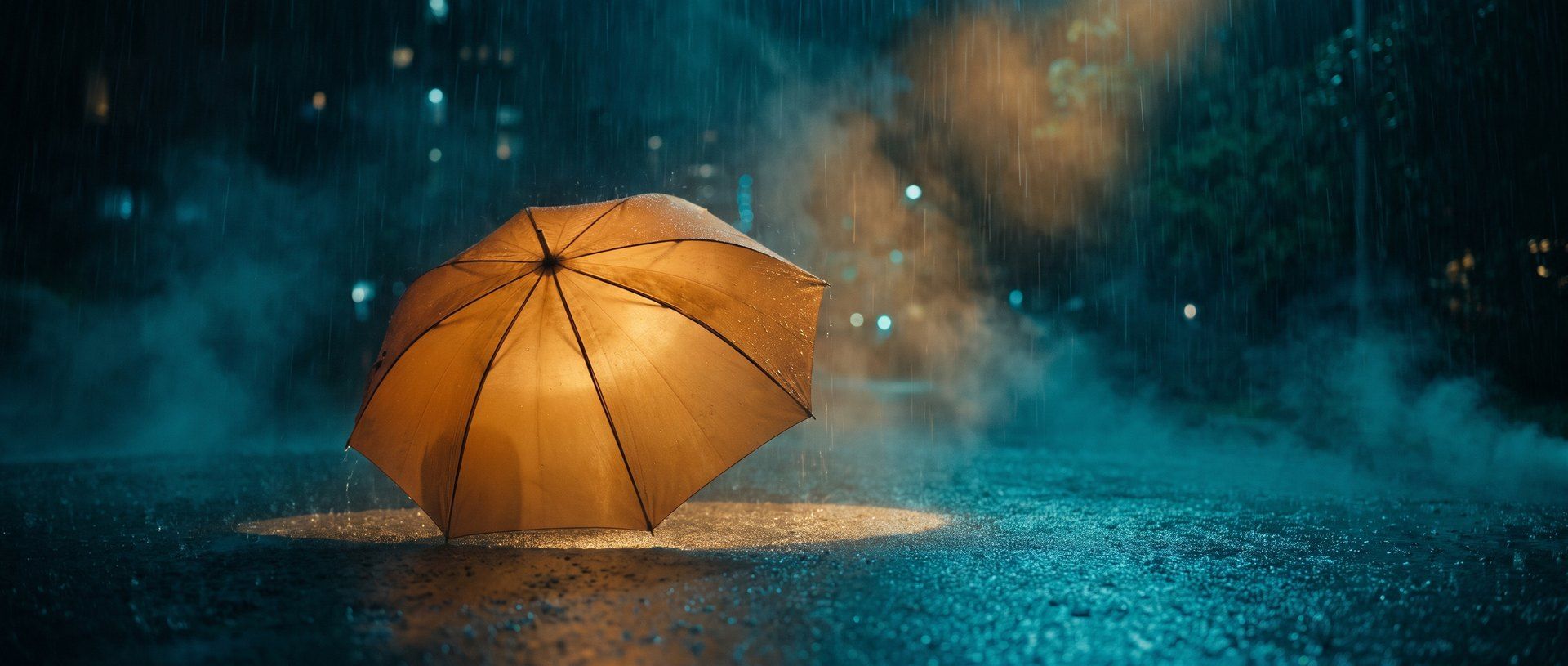 A single amber umbrella glowing from beneath, sheltering a dry circle of calm while cool teal rain falls all around it in the dark - protection from the downpour.