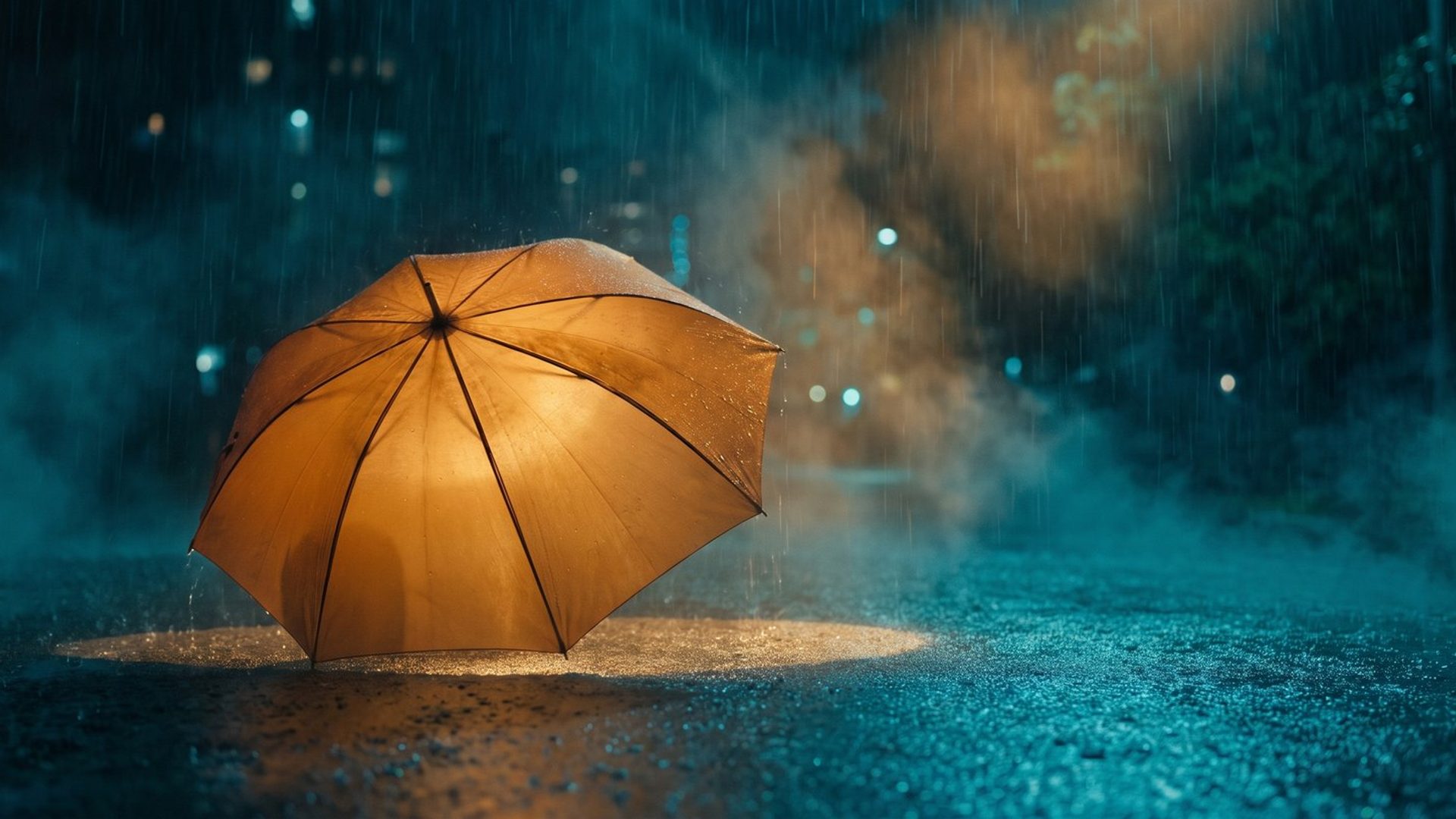 A single amber umbrella glowing from beneath, sheltering a dry circle of calm while cool teal rain falls all around it in the dark - protection from the downpour.