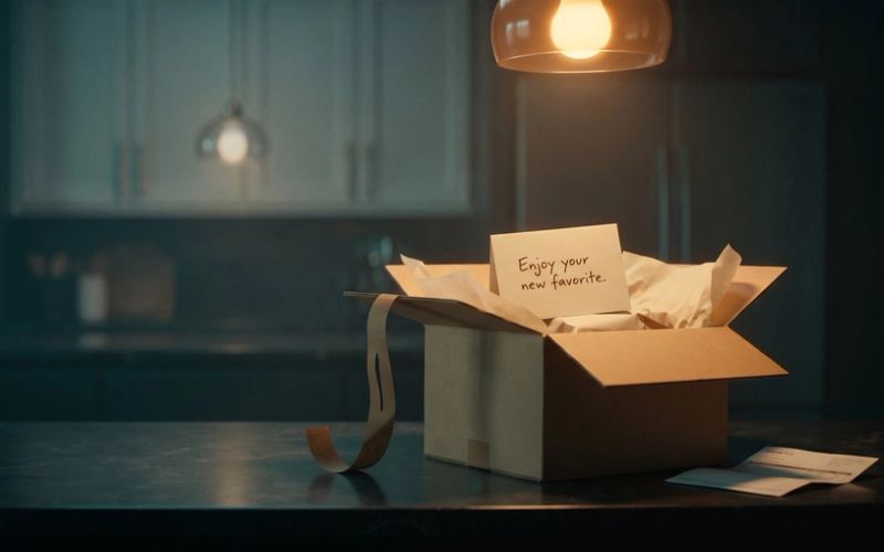 An opened kraft shipping box on a dark kitchen counter, tissue paper pulled back and a handwritten card inside reading "Enjoy your new favorite," with a packing slip beside it under a warm pendant light