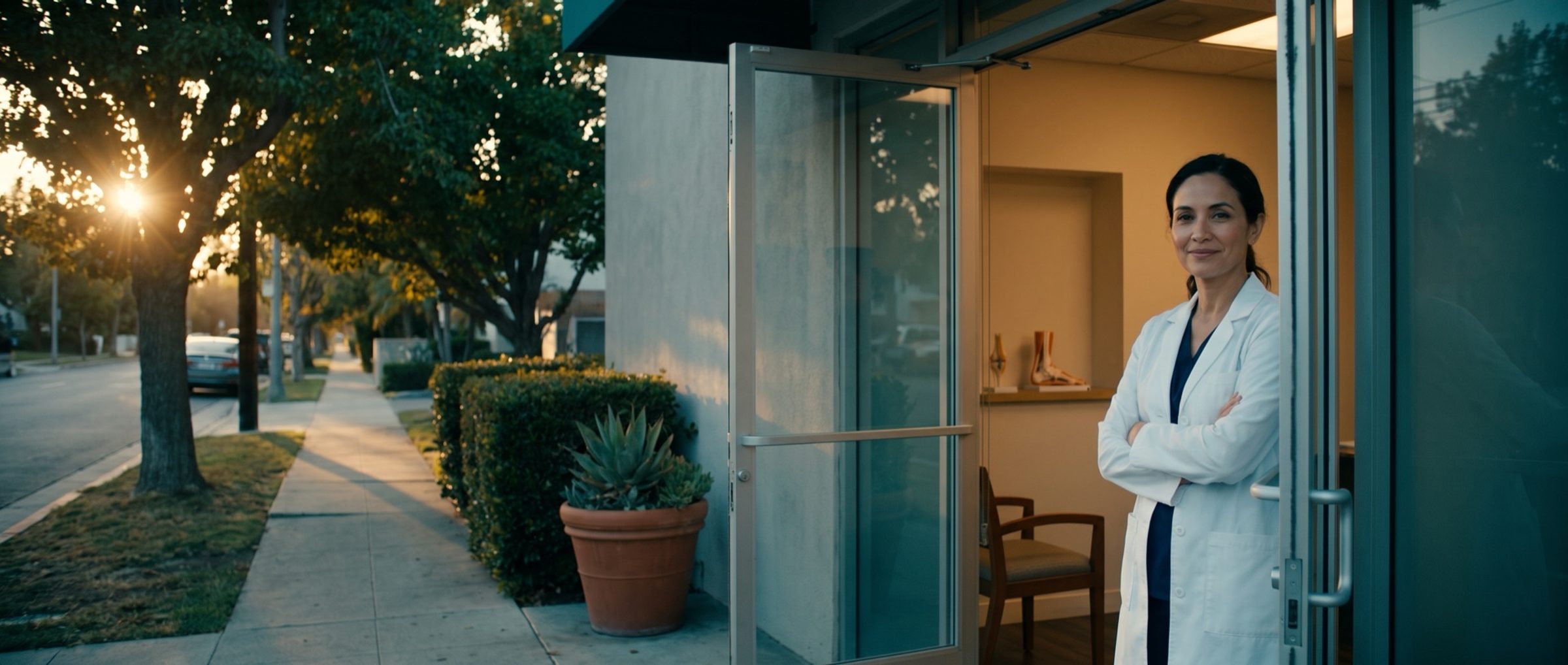 A podiatrist in a white coat standing in the open glass doorway of her small practice at golden hour, arms folded, a foot model on the shelf behind her