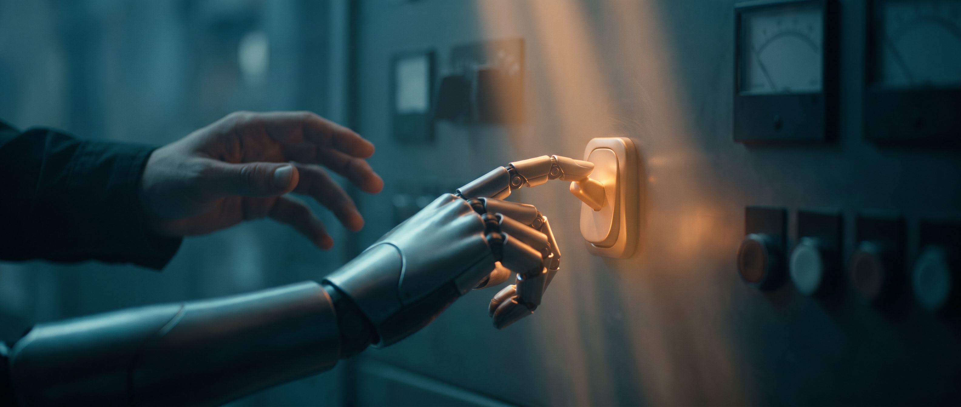 A sleek robotic hand reaching in to flip a glowing warm-amber switch on its own while a human hand hovers hesitant beside it, deep teal shadow - the automation eager to take the wheel before you are ready.