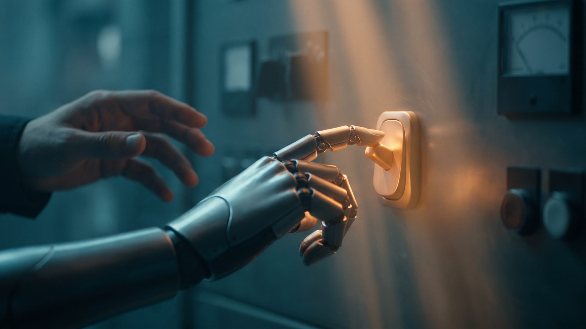 A sleek robotic hand reaching in to flip a glowing warm-amber switch on its own while a human hand hovers hesitant beside it, deep teal shadow - the automation eager to take the wheel before you are ready.